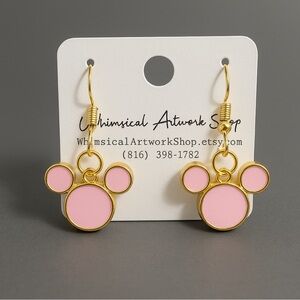 Pink and Gold Earring. Handmade Whimsical Mouse Silhouette Earrings
